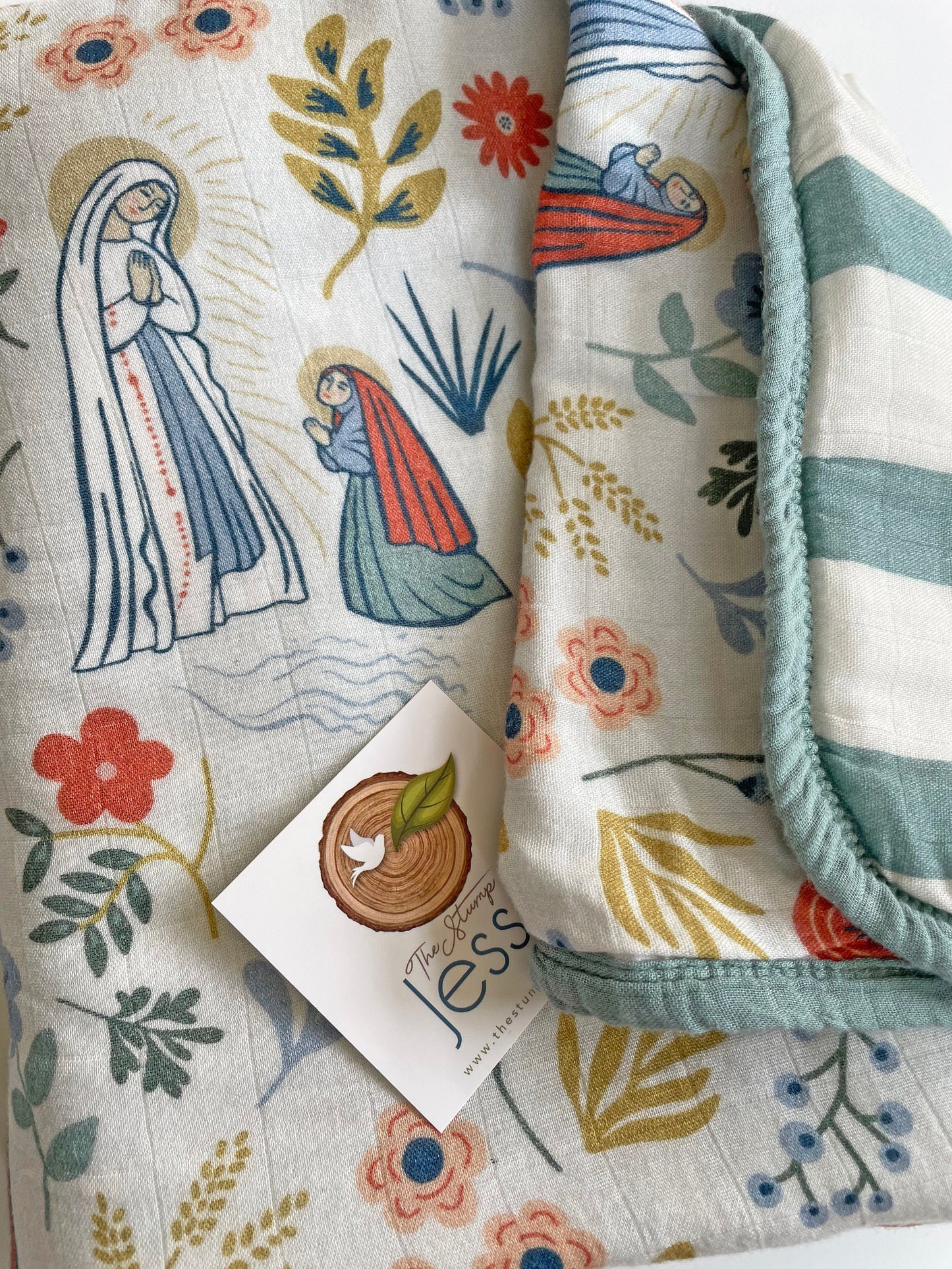 Our Lady of Lourdes and St. Bernadette Beige Deluxe Muslin Quilt