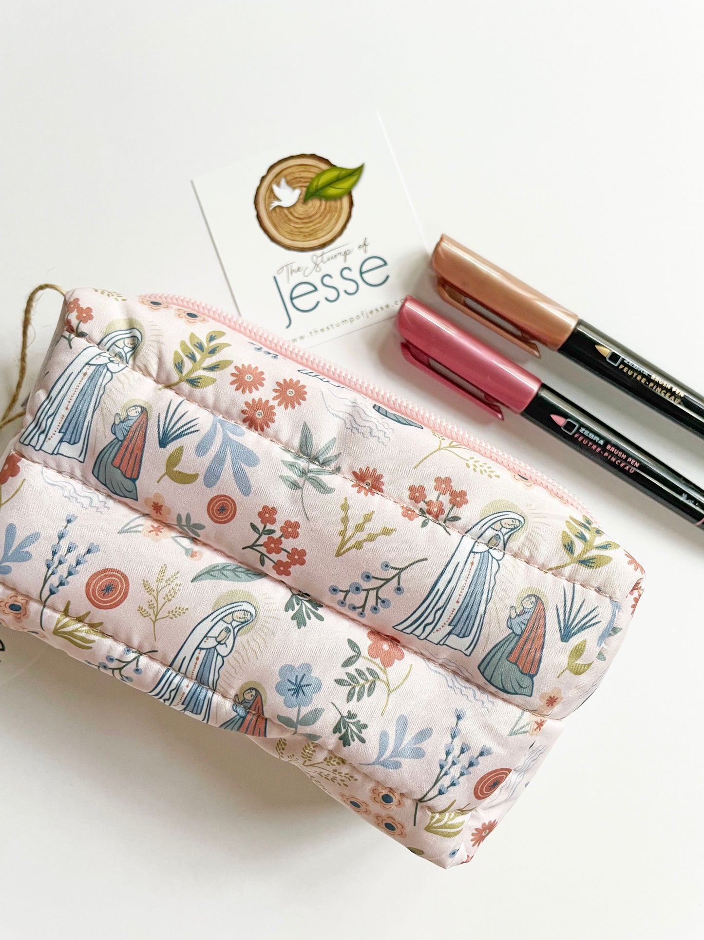 Our Lady of Lourdes pink lightweight, waterproof puffer pouch