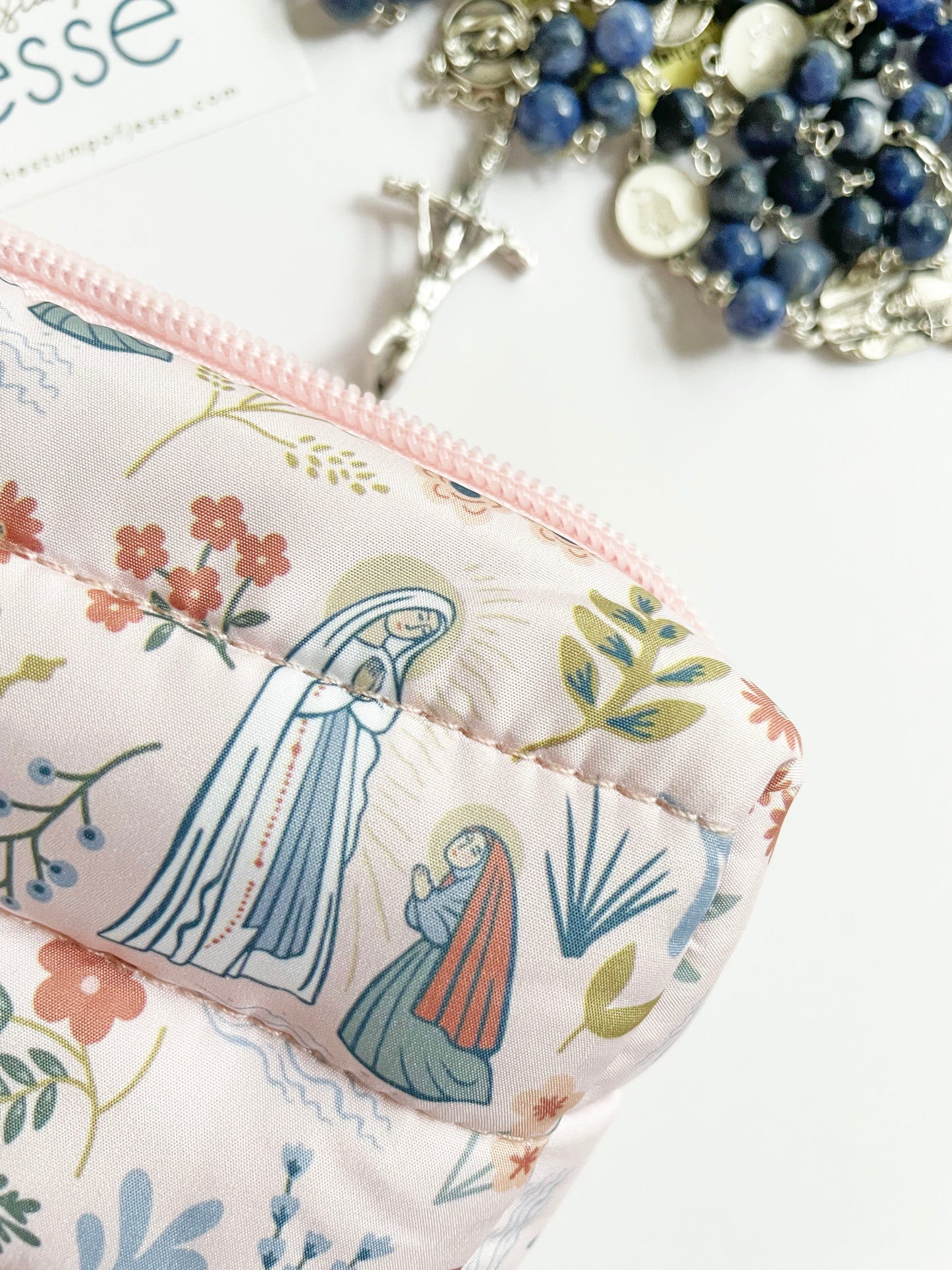 Our Lady of Lourdes pink lightweight, waterproof puffer pouch