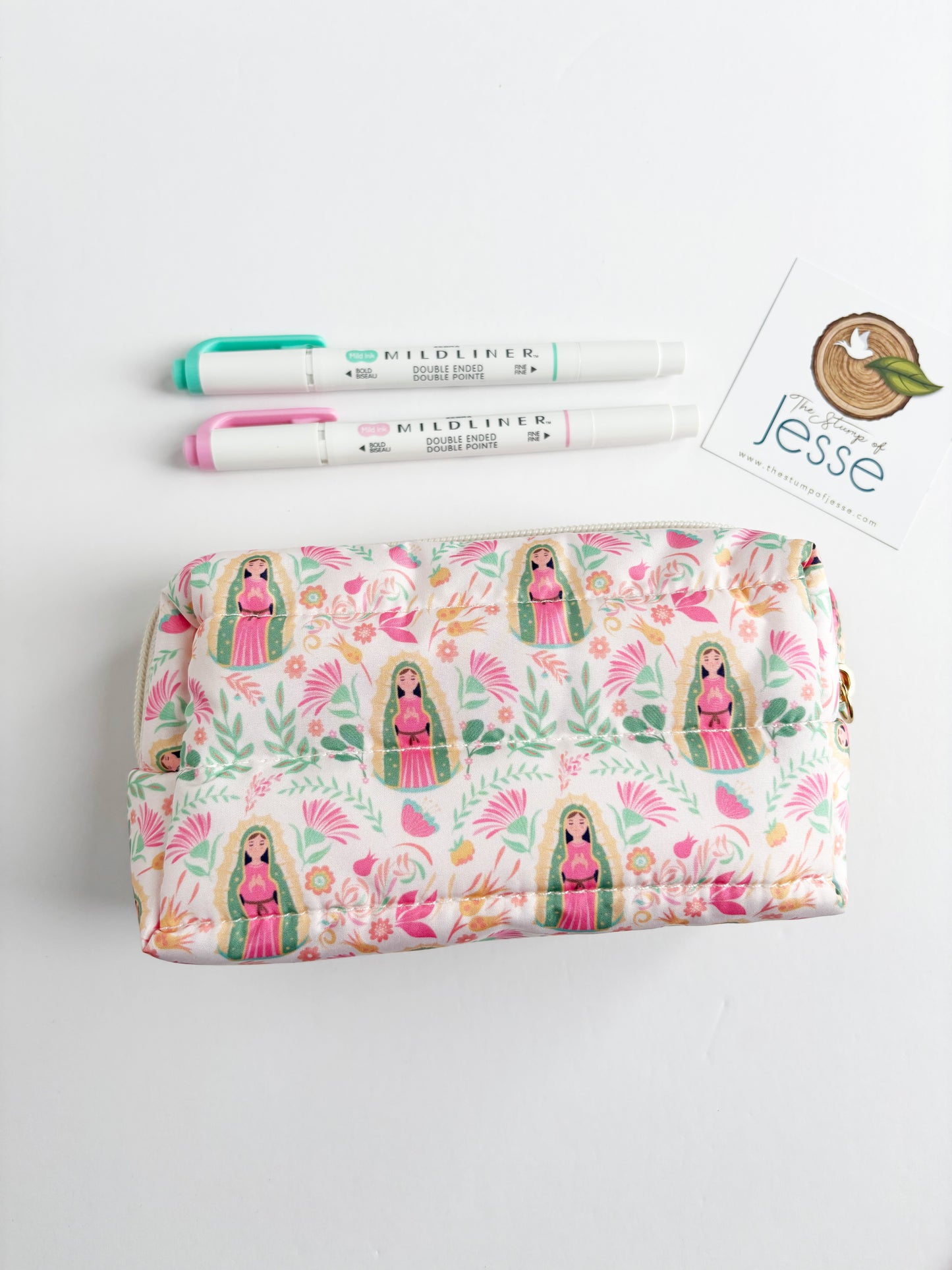 Our Lady of Guadalupe beige lightweight, waterproof puffer pouch