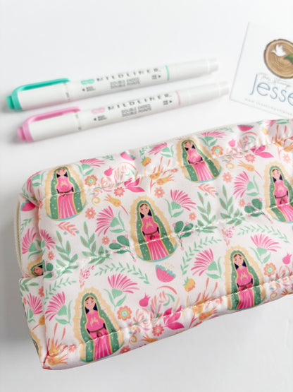 Our Lady of Guadalupe beige lightweight, waterproof puffer pouch