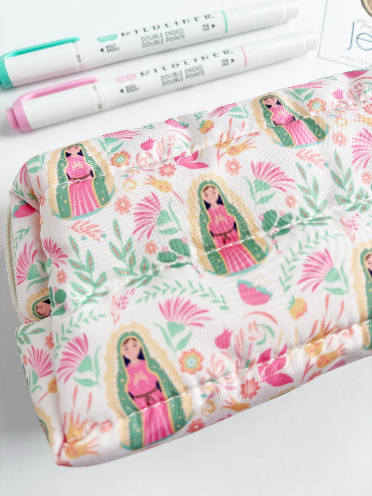 Our Lady of Guadalupe beige lightweight, waterproof puffer pouch