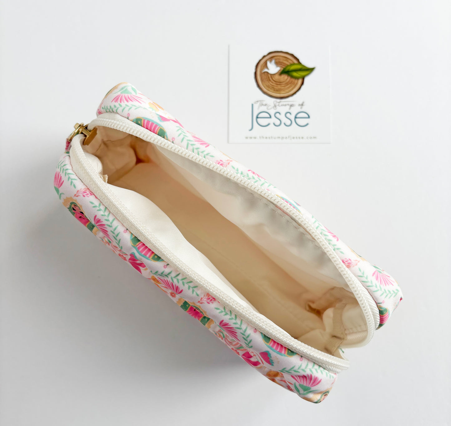 Our Lady of Guadalupe beige lightweight, waterproof puffer pouch