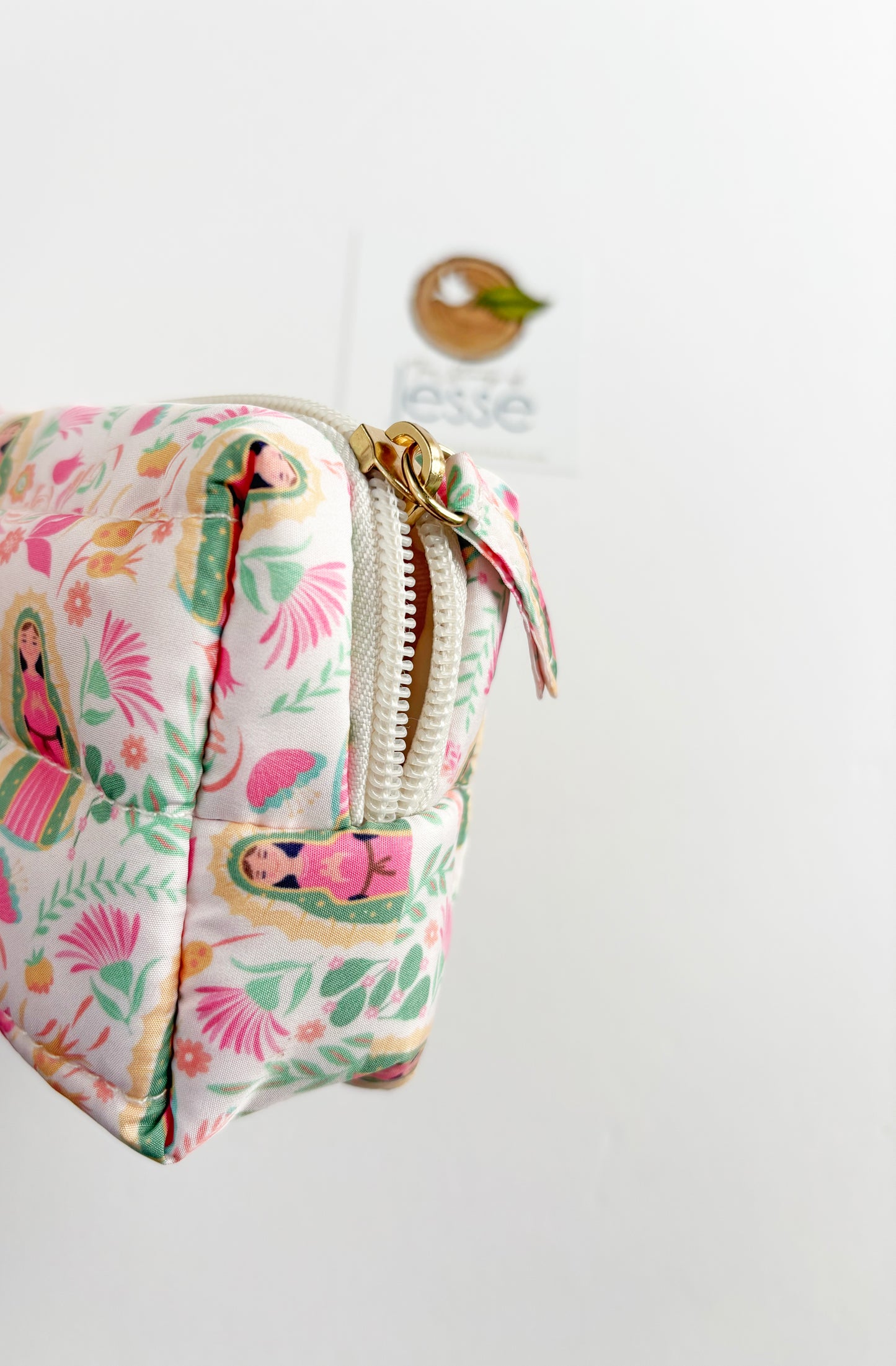 Our Lady of Guadalupe beige lightweight, waterproof puffer pouch