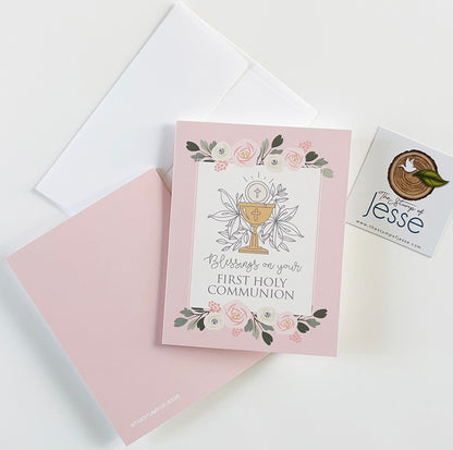 First Holy Communion Greeting Card pink