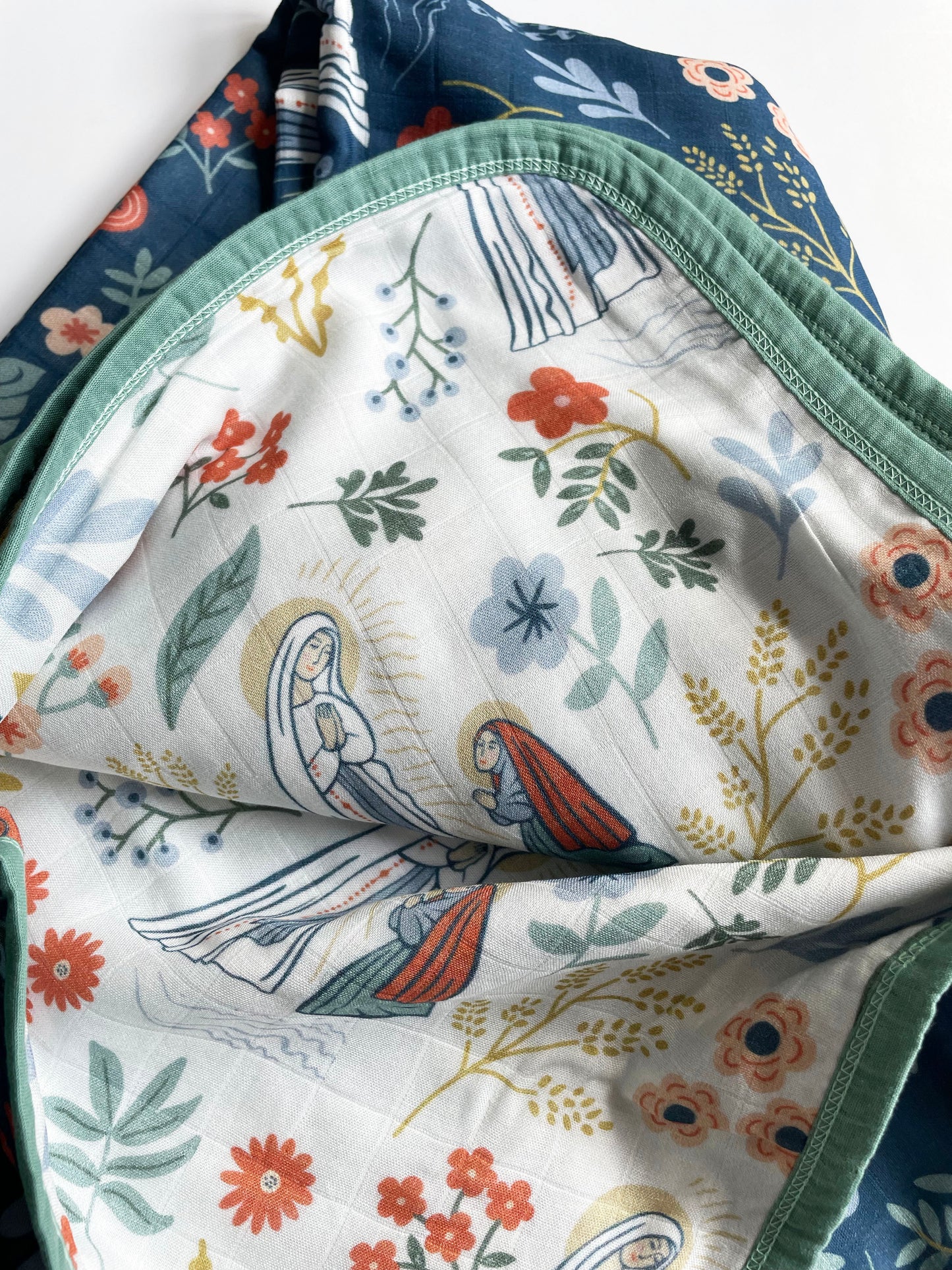 Our Lady of Lourdes and St. Bernadette Blue Luxury Double sided Muslin