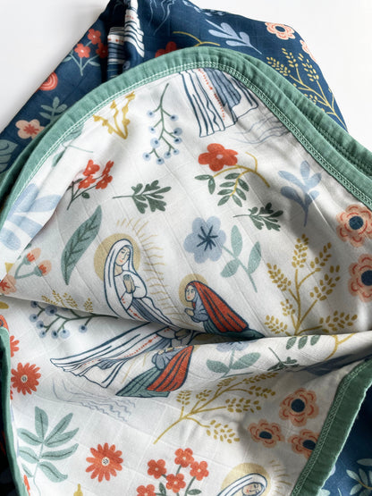 Our Lady of Lourdes and St. Bernadette Blue Luxury Double sided Muslin
