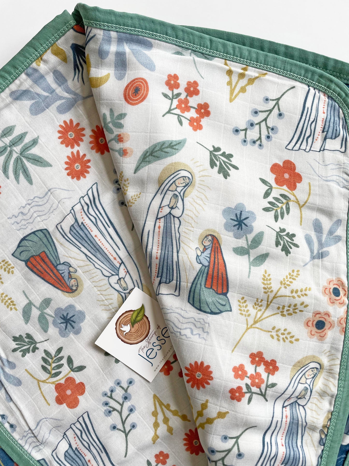 Our Lady of Lourdes and St. Bernadette Blue Luxury Double sided Muslin