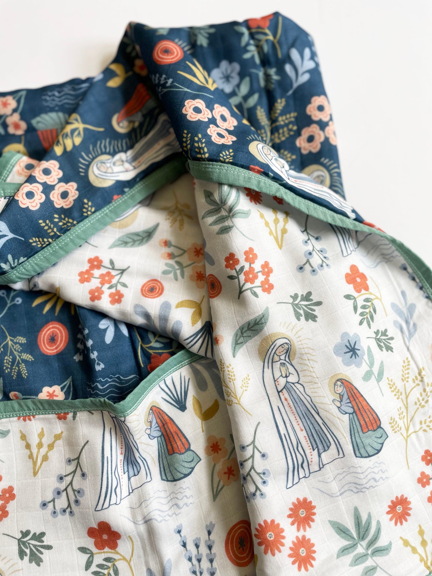Our Lady of Lourdes and St. Bernadette Blue Luxury Double sided Muslin