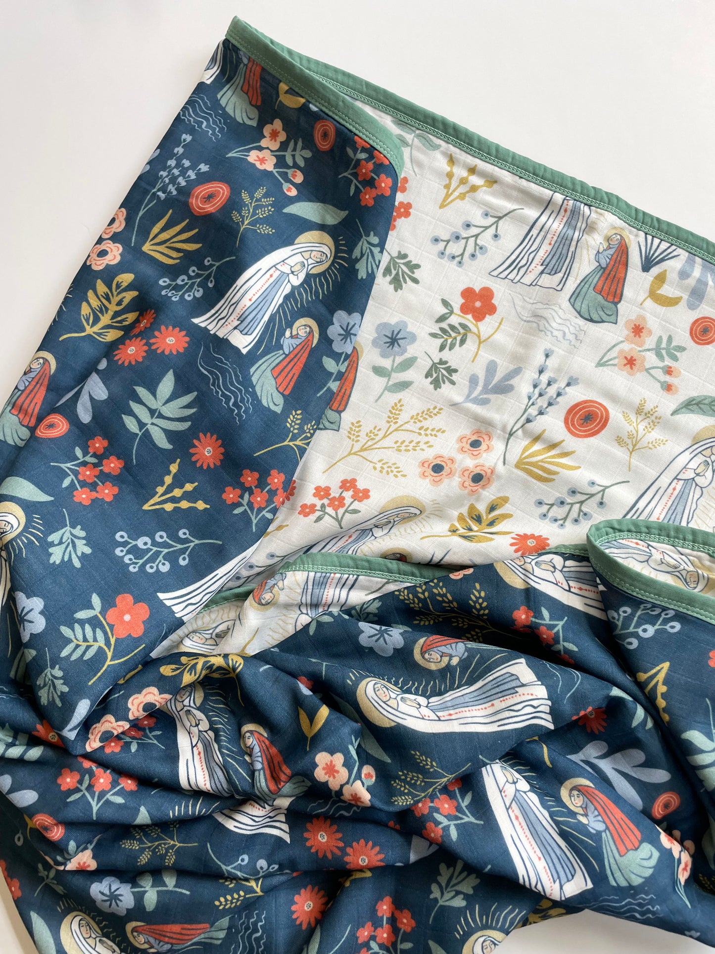 Our Lady of Lourdes and St. Bernadette Blue Luxury Double sided Muslin