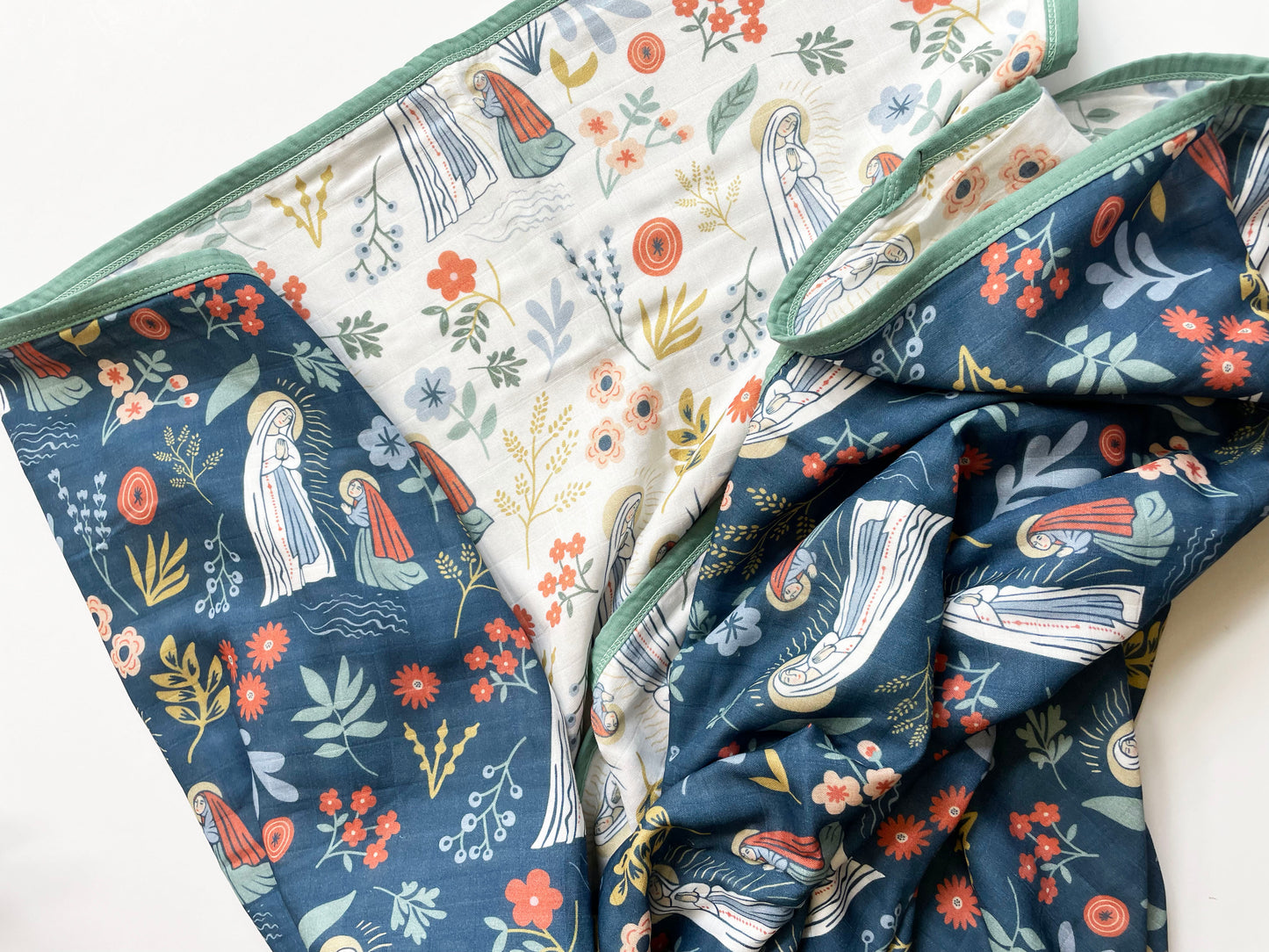 Our Lady of Lourdes and St. Bernadette Blue Luxury Double sided Muslin