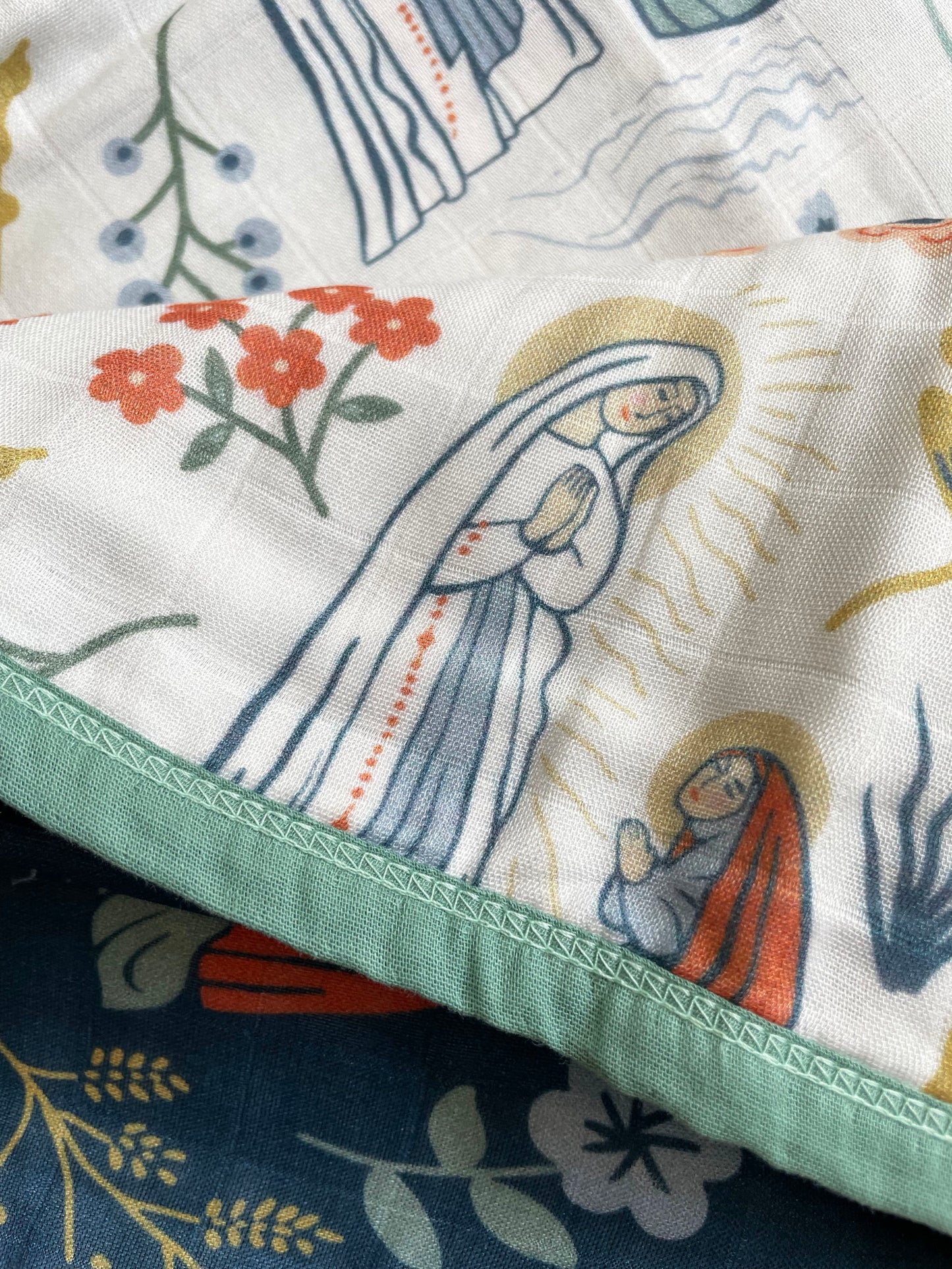 Our Lady of Lourdes and St. Bernadette Blue Luxury Double sided Muslin