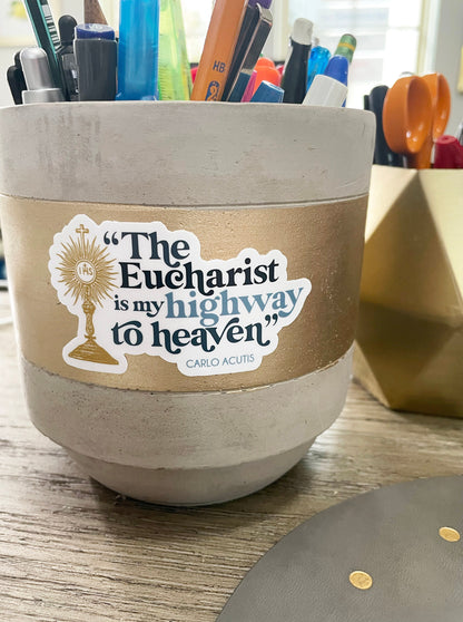Carlo Acutis Waterproof  Sticker | The Eucharist is my highway to heaven