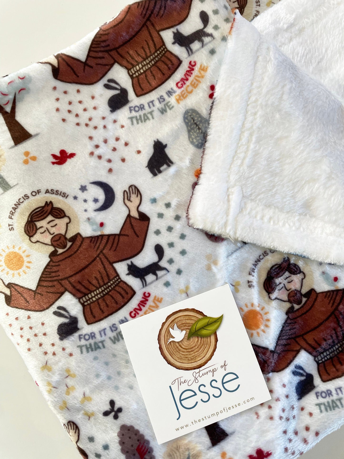 St. Francis of Assisi  Velveteen Plush Blanket | Sherpa Blanket | Catholic gif for baby boy | Catholic | Gift for Baptism | Saint Francis
