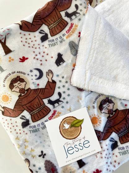 St. Francis of Assisi  Velveteen Plush Blanket | Sherpa Blanket | Catholic gif for baby boy | Catholic | Gift for Baptism | Saint Francis