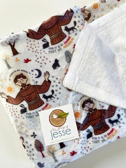 St. Francis of Assisi  Velveteen Plush Blanket | Sherpa Blanket | Catholic gif for baby boy | Catholic | Gift for Baptism | Saint Francis