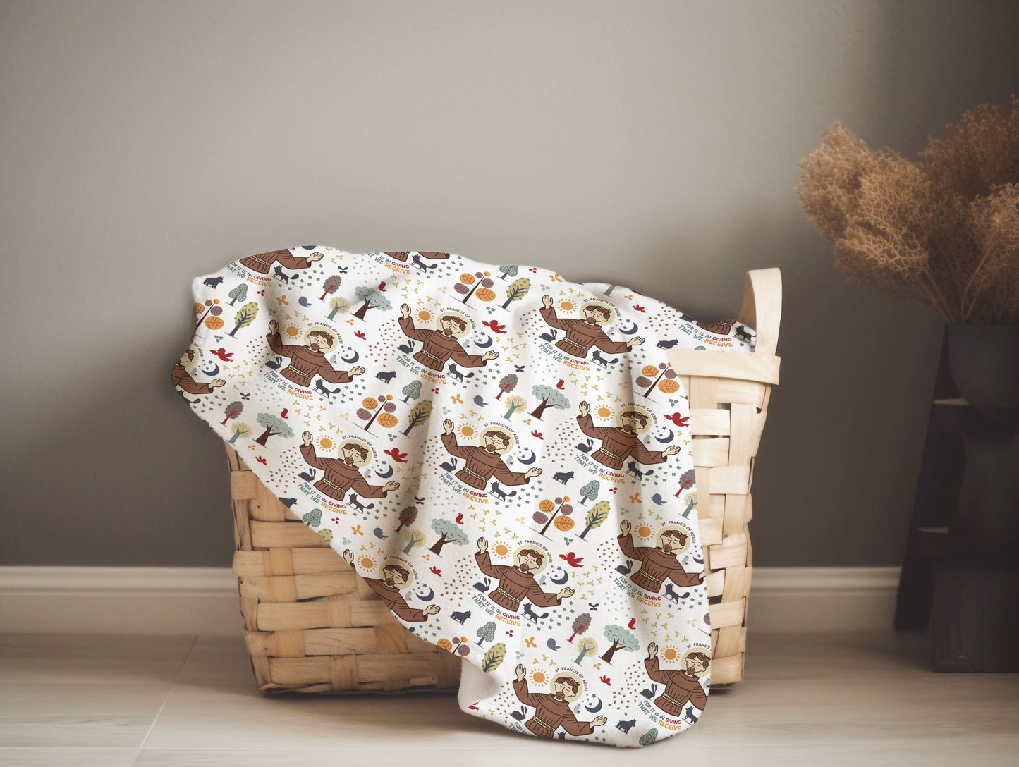 St. Francis of Assisi  Velveteen Plush Blanket | Sherpa Blanket | Catholic gif for baby boy | Catholic | Gift for Baptism | Saint Francis
